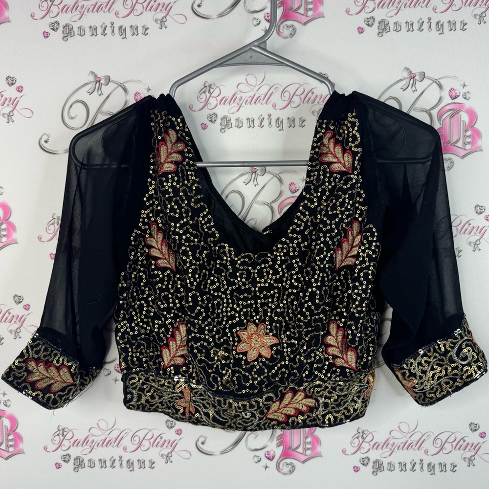 Top sequins embroidery clasp back Elegant Black and Gold Embroidered Women's Top